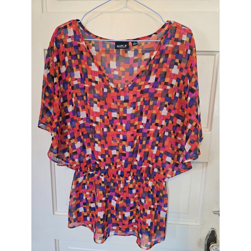Allen B. By Allen Schwartz Sheer Multicolored V-Neck Blouse Slit Sleeve Top S